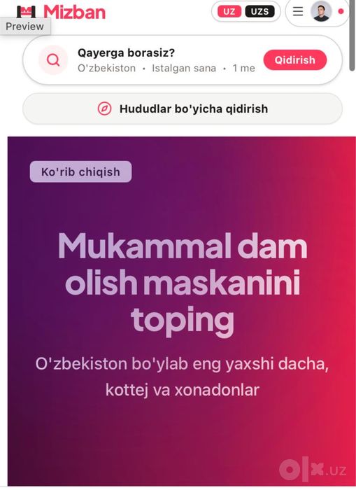 mizban.uz loyihasi sotiladi mobil ilovasi mavjud
