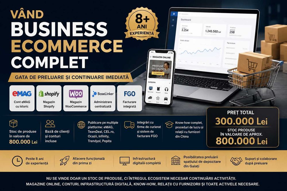 Vând Business eCommerce Complet | eMAG | Shopify | WooCommerce | Baselinker | Stoc 800.000 Lei | 8 Ani Experiență