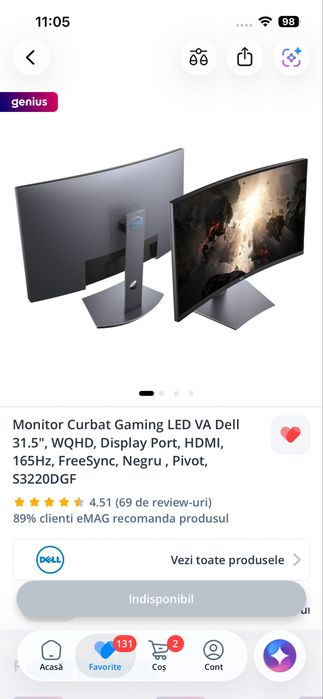 Monitor Gaming Curbat Dell 31.5" WQHD 2K 165Hz S3220DGF JUMĂTATE PREȚ