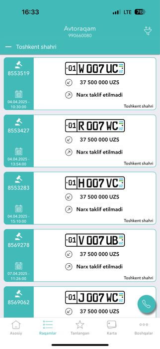 Auksion nomer olib beramiz 100% ishonchli