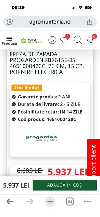 Freza zapada Progarden cu aprindere electrica 76 cm  si 15 cai putere