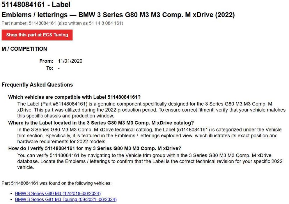 Значка емблема BMW M3 Competition