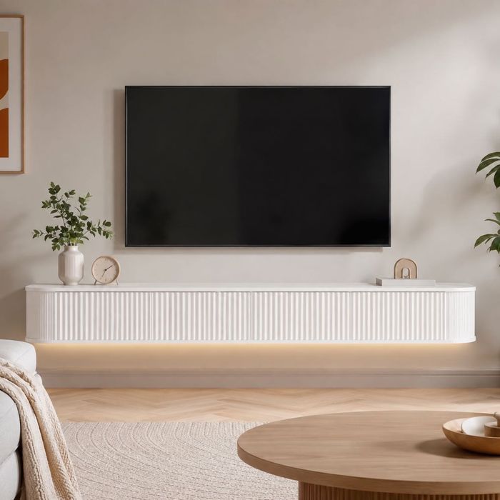 Comodă TV suspendată PURFINO 180 cm, LED RGB, alb, pentru TV 65–75