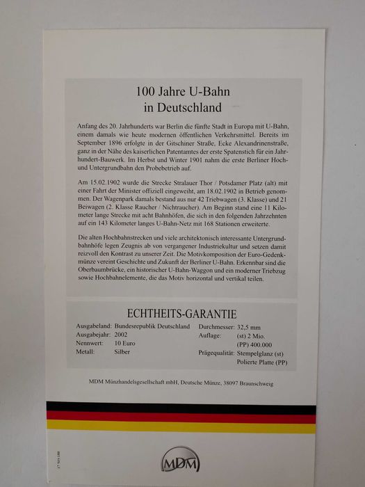 Сребърна монета 10 евро Германия 2002