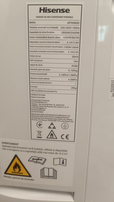 Aer condiționat portabil Hisense 9000 BTU - model APH09QC