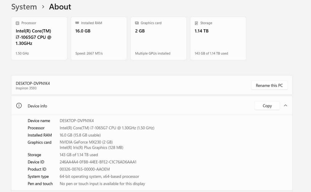 Лаптоп Dell Inspirion 3593 Intel(R) Core(TM) i7-1065G7 CPU @ 1.30GHz 16GB RAM