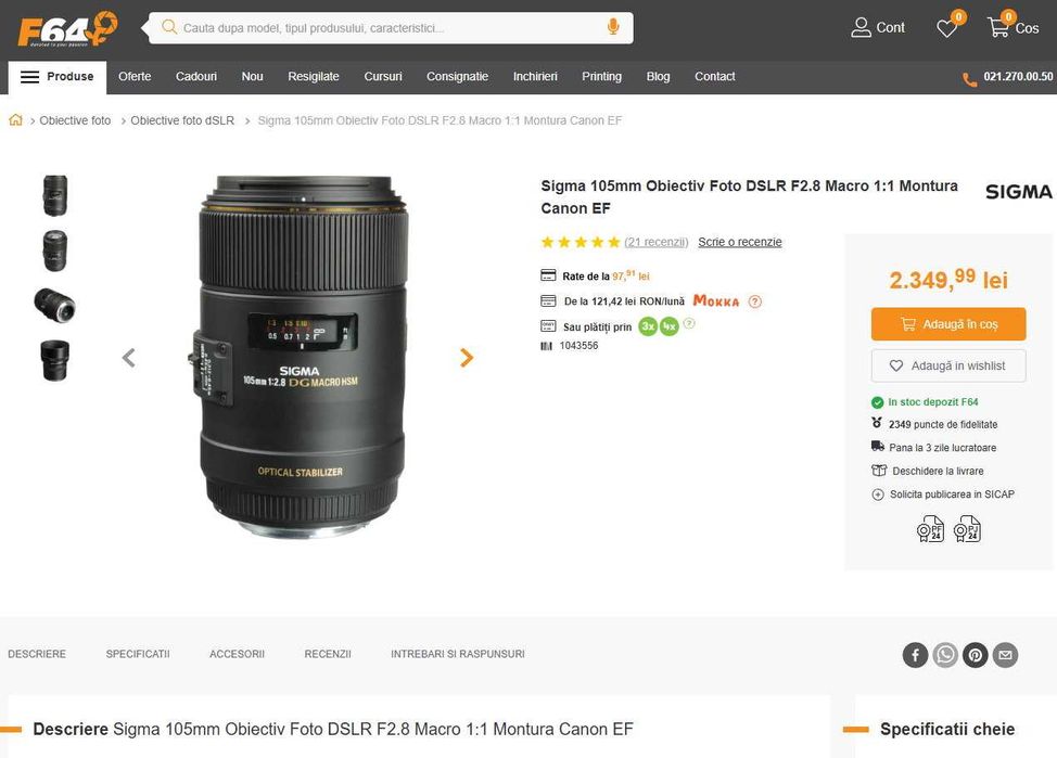 Obiectiv MACRO 1:1 SIGMA 105mm f2.8 DG Macro HSM OS, Canon EF