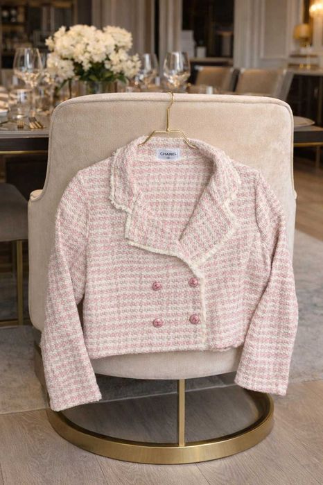 розово сако шанел туид chanel яке късо меланж без забележки