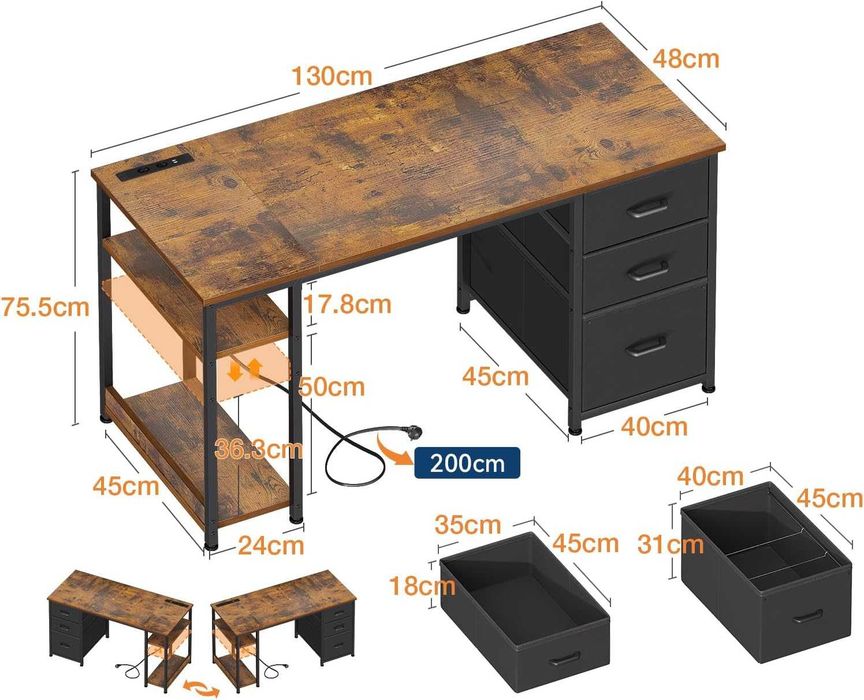 LIVRARE GRATUITA - Birou calculator 130 cm cu sertare, prize si USB – masa PC cu raft, reversibil