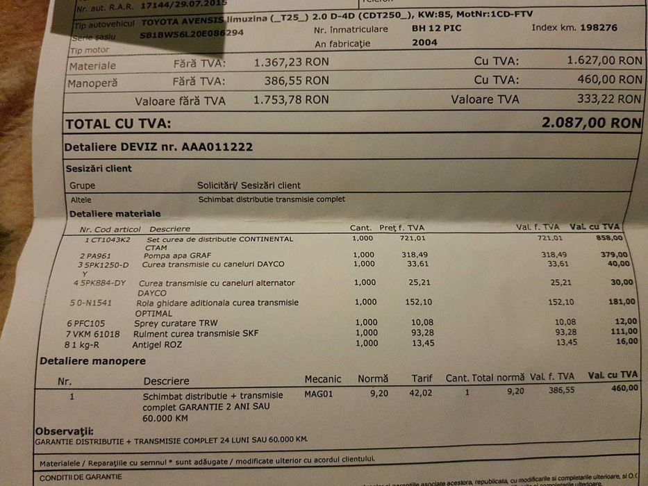 Toyota Avensis 2.0 diesel rhd volan dreapta 2004
