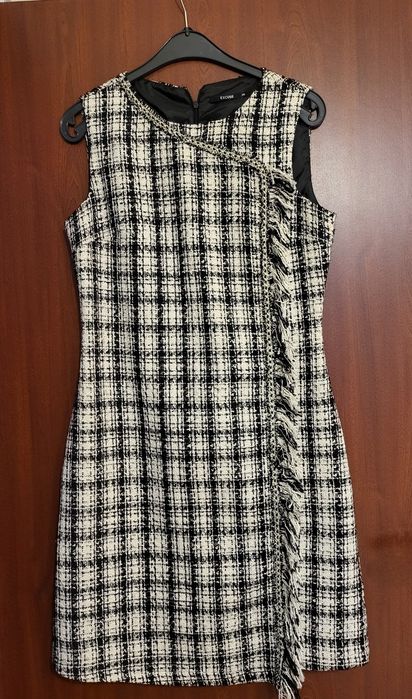 Rochie din tweed alb-negru, scurtă, stil franțuzesc A-Line, nr.38,