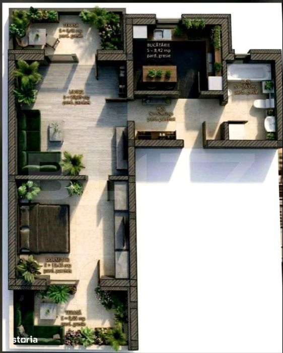 Apartament 2 camere, 53.65 mp, terasa 15 mp, zona de Nord