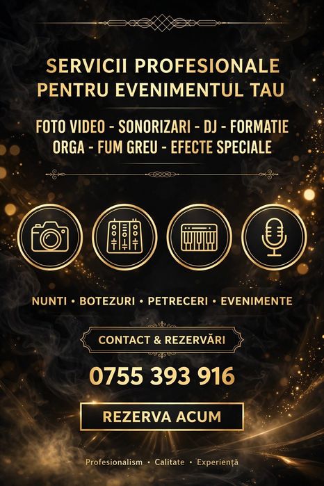 Servicii Evenimente – Foto Video, DJ, Sonorizare, Formație, Orga, Fum Greu și Efecte Speciale