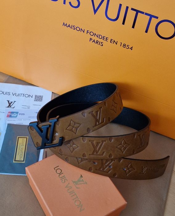 Curea unisex LV maro cognak, logo metalic