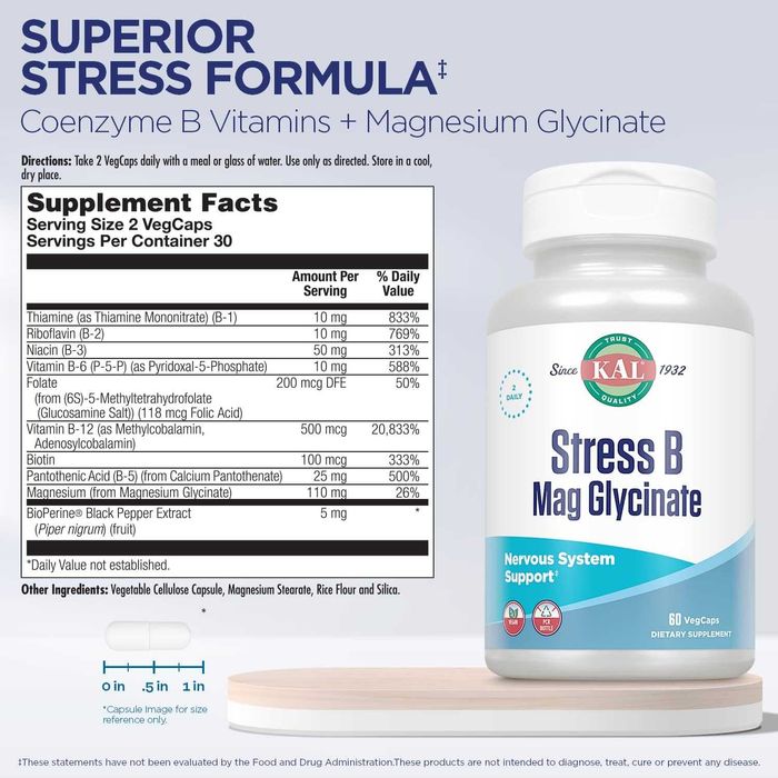 Б Комплекс+ Магний Глицинат KAL Stress B Magnesium Glycinate 60 веган