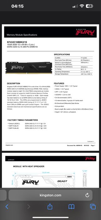 16Gb RAM Kingston Fury 2 x 8 GB 3200Mhz