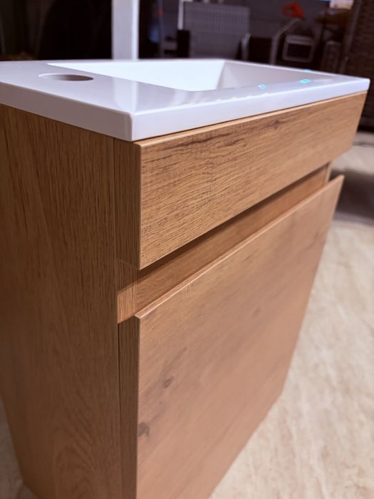 Set mobilier baie Kometmöbel 40 cm cu lavoar și mască, alb lucios, preasamblat