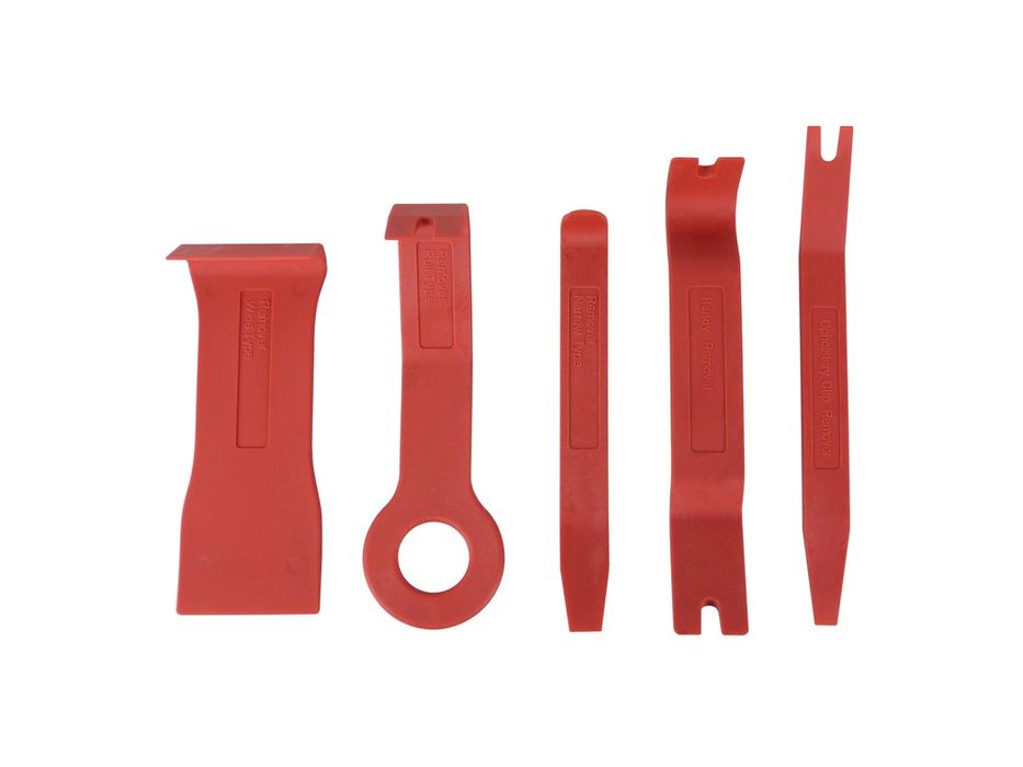 Set 5 ustensile din plastic pentru demontat panouri bord si usi Carpoint, pentru tapiterie si ornamente auto, rosu