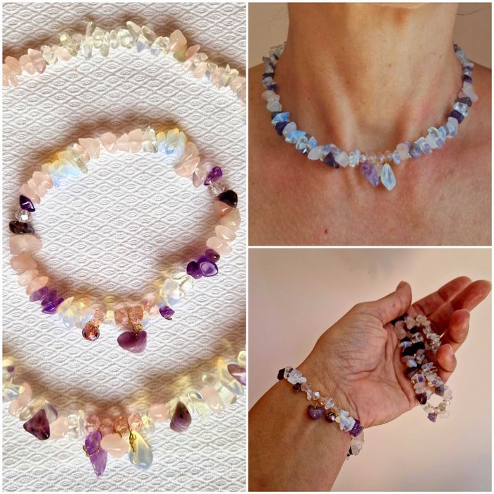 Комплект гривна и чокър (гердан)  от естествени камък, перла и кристал