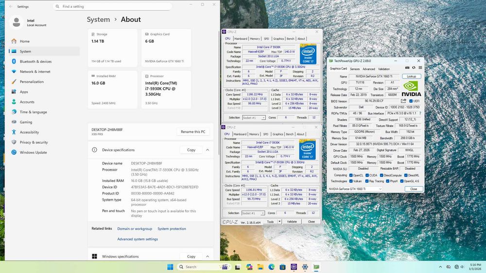 Unitate PC sk2011 Intel I7 5930k GTX 1660 Ti 6GB DDR6