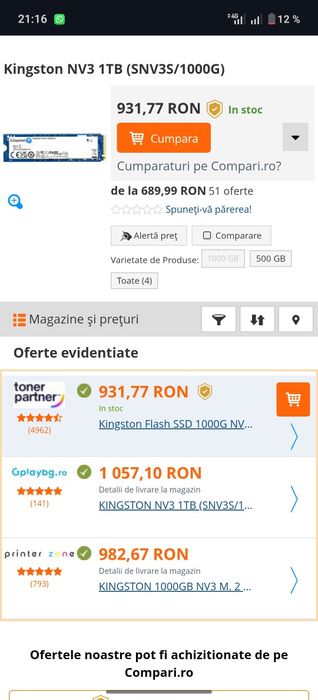SSD Kingston NV3 1tb aproape NOU, viteze de pana la 6000mb/s, laptop n