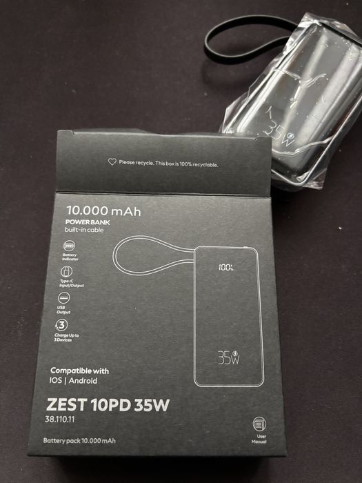 Baterie externa SBS 10000 mAh, 35 W, cablu USB-C, 1xUSB, 2xUSB-C, Gri