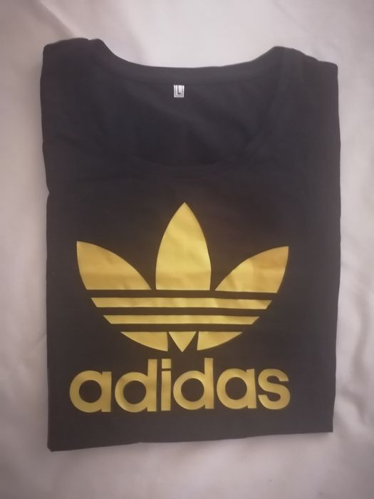 Нова дамска черна тениска Adidas с златен надпис размер L