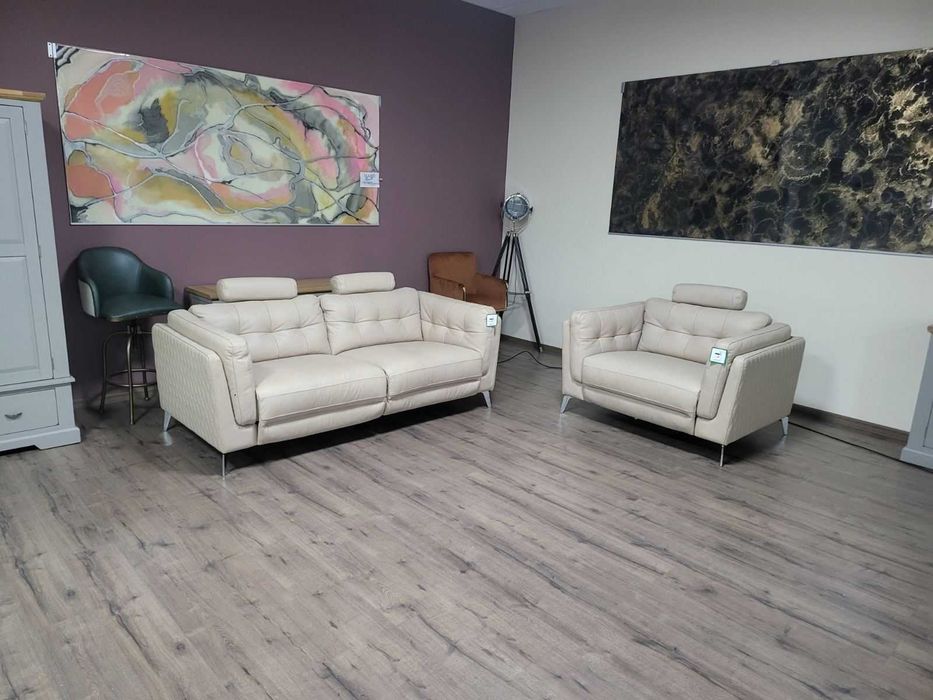 Кремав кожен диван тройка с ел. релакс механизъм и фотьойл