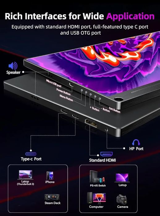 Monitor portabil UPERFECT 4K 15,6 inch cu afișaj IPS UHD 3840 x 2160/ HDMI/ USB C/ ecran mat pentru PC/ laptop/ PS4/5/ Xbox/ Switch/ fotografi/ NOU
