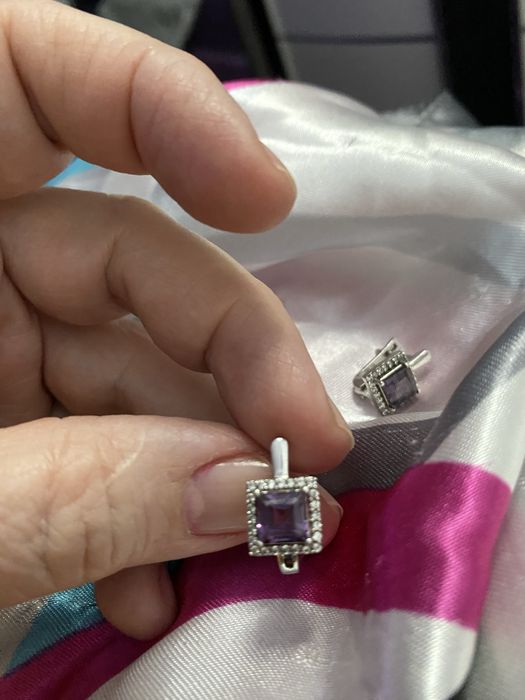 Cercei argint cu ametist, placat cu rodiu