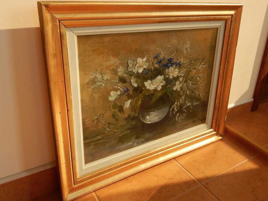 Tablou pictura vaza cu flori natura statica cu geam protectie 69x56 cm