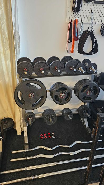 Home gym complet Decathlon Domyos - Half Rack 500, 199 kg discuri, bare, gantere, suport depozitare