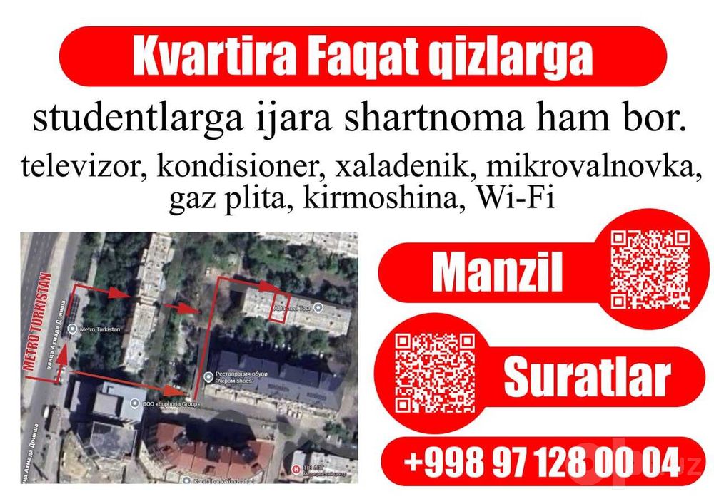 Kvartira ijaraga. Faqat qizlarga. yunusobod tumani turkiston metro