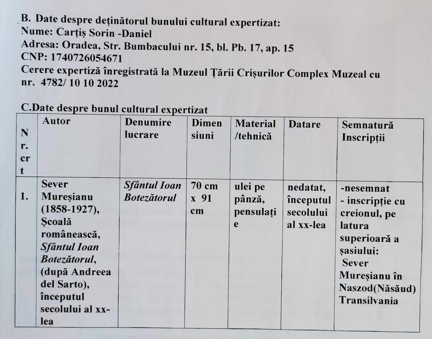 Vând tablou vechi cu expertiza la muzeu