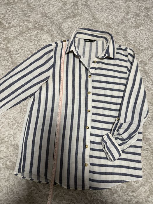 Cămașă damă DeFacto S alb crem cu dungi bleumarin elegant casual