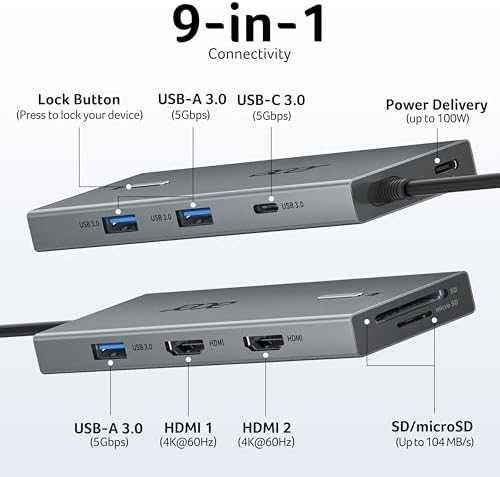 Acer USB-C докинг станция 9-в-1 с 2×HDMI 4K 100W PD