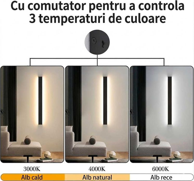 Aplică LED Perete 60cm, Design Modern, Lumină Caldă, Neagră, NOUĂ