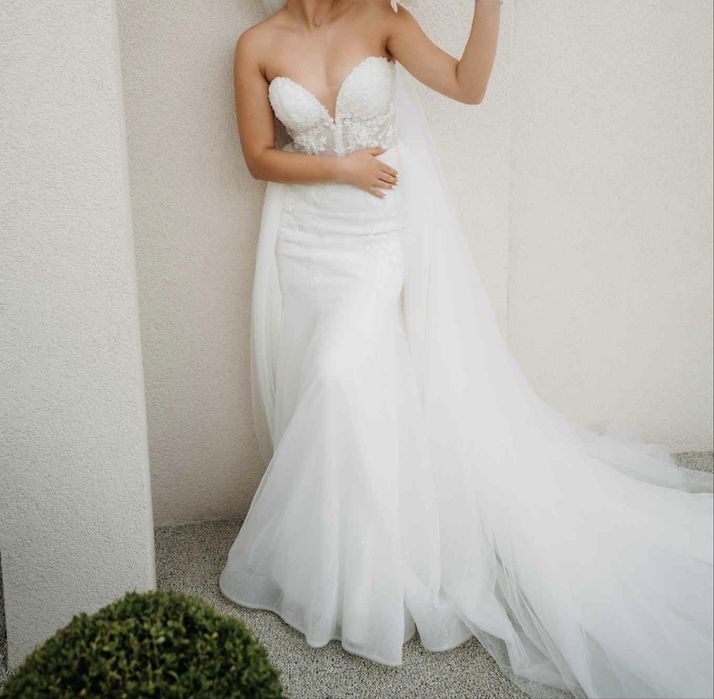 Rochie de mireasă tip sirenă+voal+ trenă detașabilă