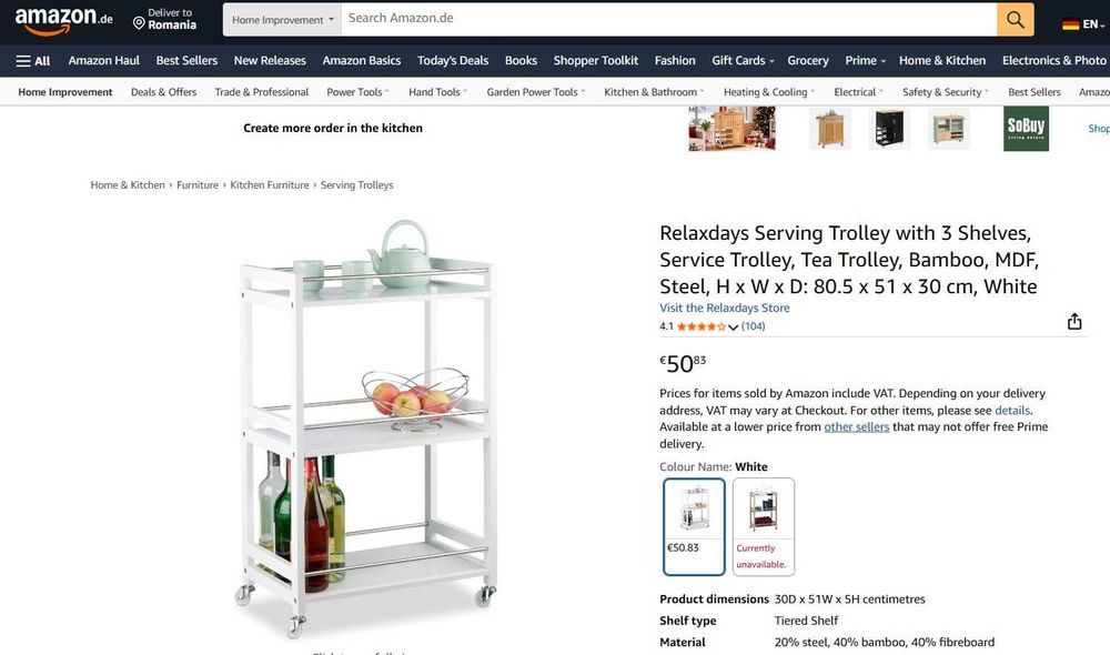 Relaxdays Cărucior de servire cu 3 rafturi, 80,5 x 51 x 30 cm, alb