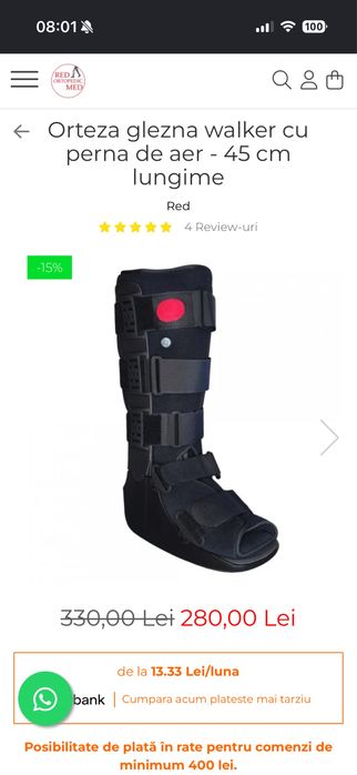 Orteză gleznă tip walker cu pernă de aer - 45 cm lungime - mărimea S