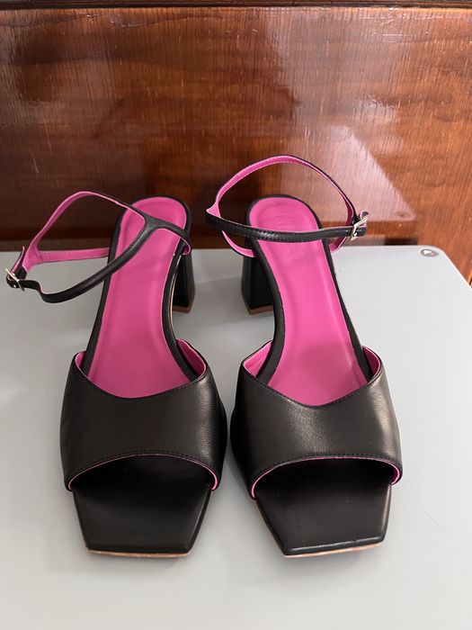 Sandale din piele naturală cu vârf pătrat, Y2K, chunky heel