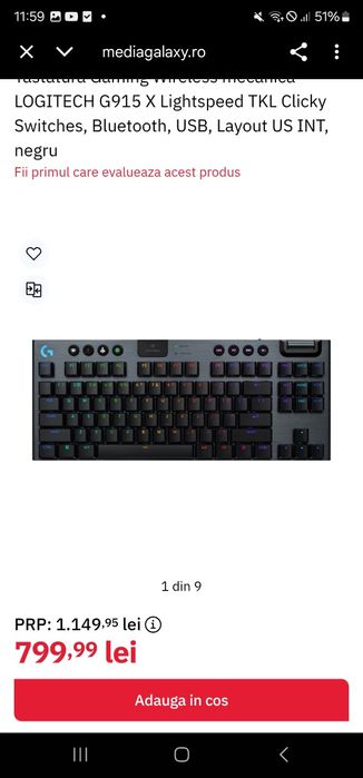 Tastatura Gaming Wireless mecanica LOGITECH G915 TKL
