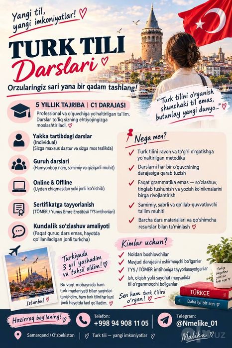 C1 darajasidagi turk tili o‘qituvchisi — online va offline darslar.