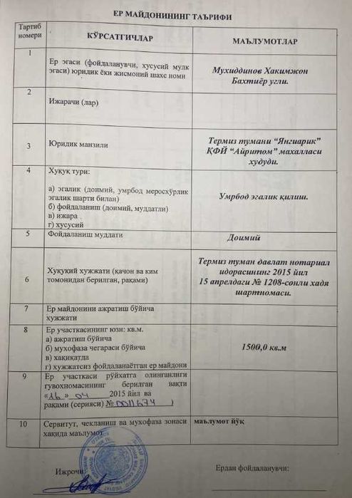 Ҳовли уй ва ер сотилади