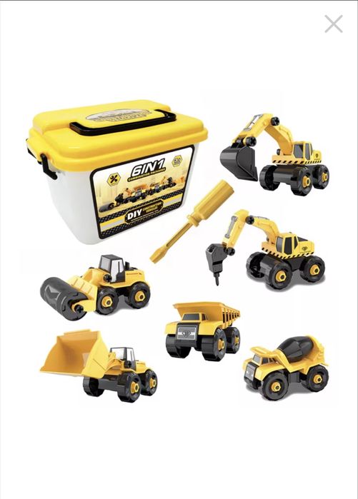 Set 6 masinute de constructii demontabile + cutie depozitare