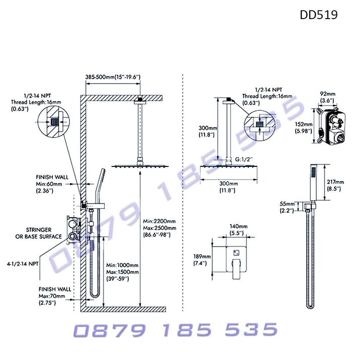 Луксозен висящ душ система вграждан стенен смесител хром слушалка пита