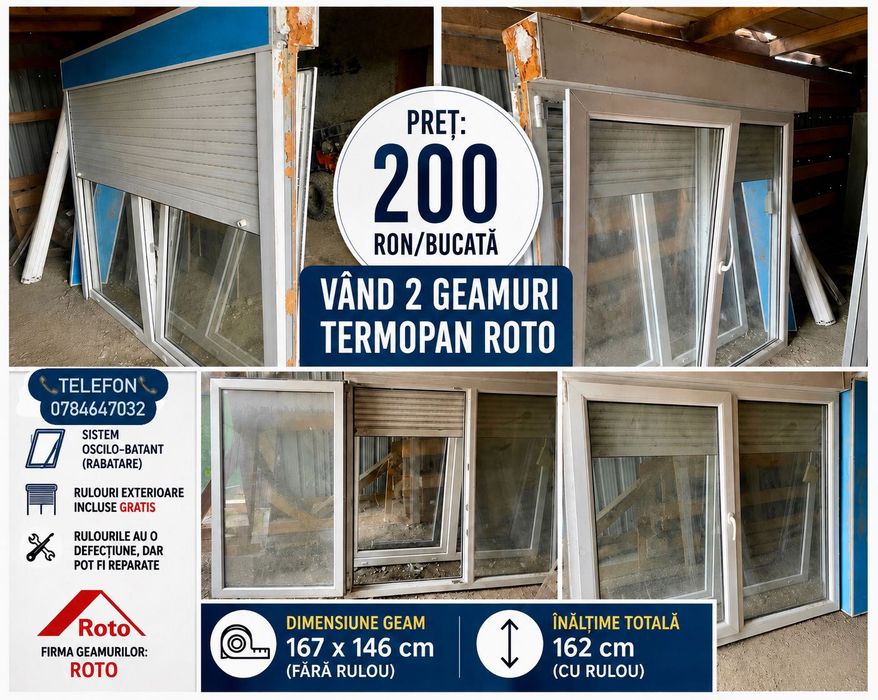 Vând 2 geamuri termopan 200 lei/bucata
