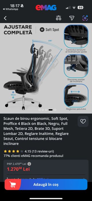 scaun de birou ergonomic, aerisit, multiple reglaje lombar gat cotiere, etc