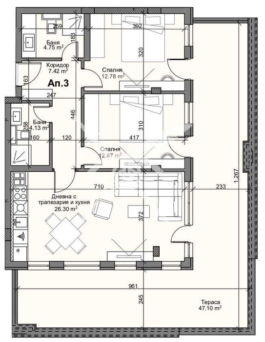 Тристаен апартамент в Кършияка 55-2537