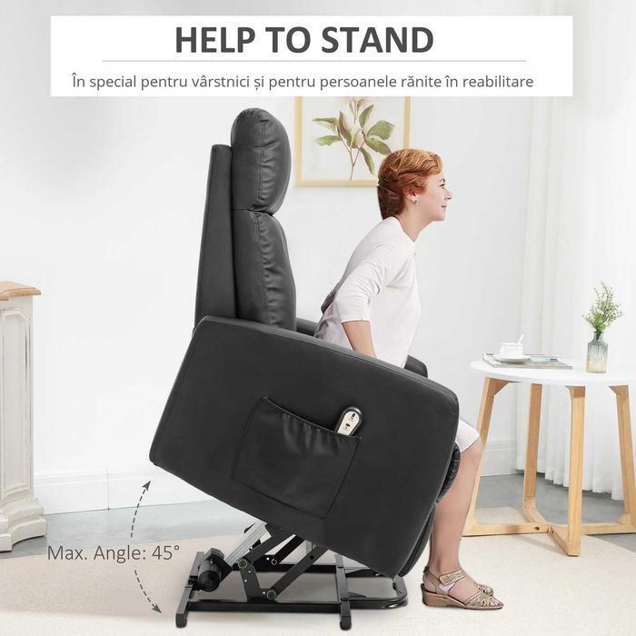 Fotoliu Recliner pentru batrani , din piele sintetica , Negru , HOMCOM